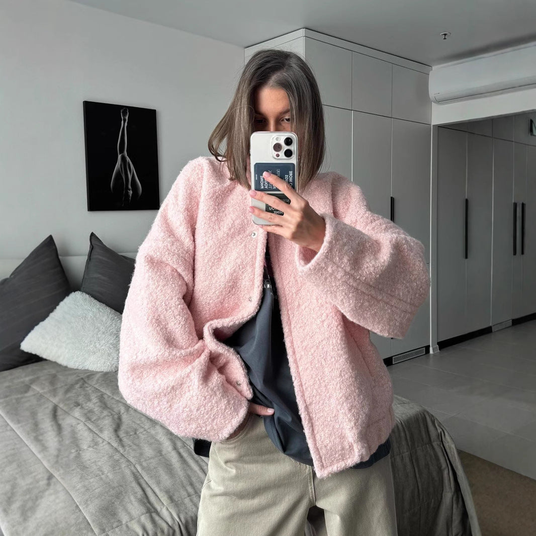 Dam teddy jacka in bouclé look med round neck, oversizepassform och insert fickor