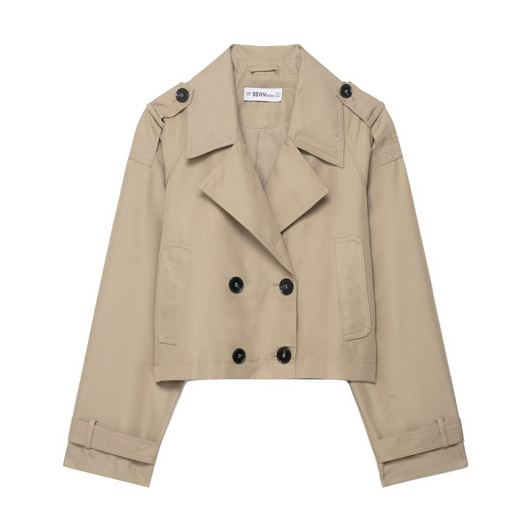 Dam kort Double-Breasted trenchcoat med Epaulettes, vid Lapels och justerbar ärm Straps