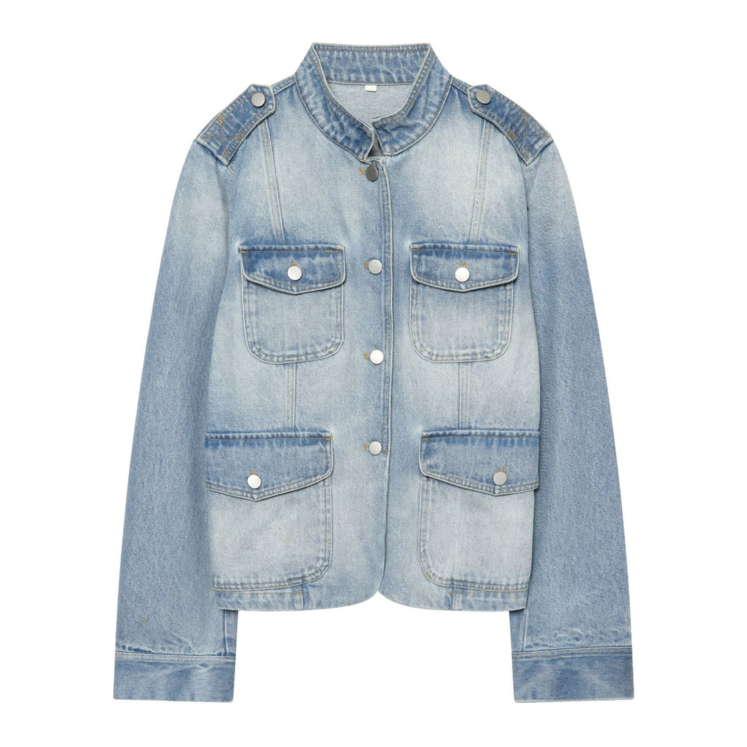 Dam Kort Denimjacka i Utility Look med Shoulder Pads och Lock Fickor