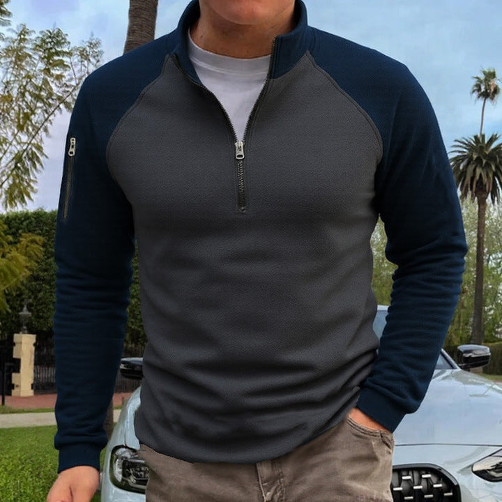 Herr Smal Passform Halv Dragkedja Pullover med Raglanärmar, Waffle Texture, och Ärm Ficka