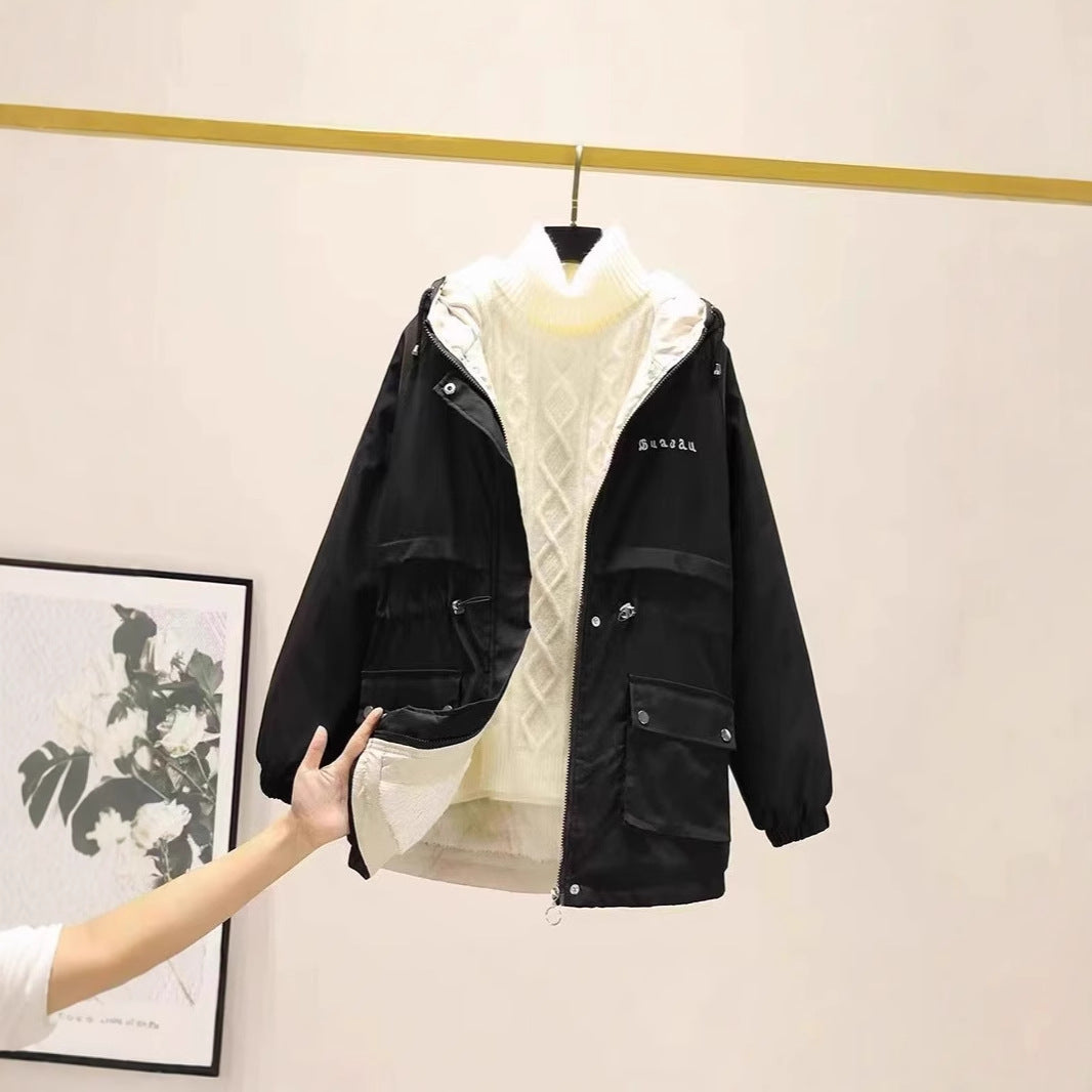 Dam vadderad parka jacka med huva och adjustable waist drawstring
