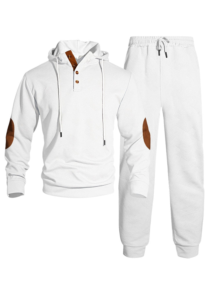 Herr Waffle Structure Henley Luvtröja Set med Wooden Knapplist Elbow Lappar och Tapered Joggingbyxor