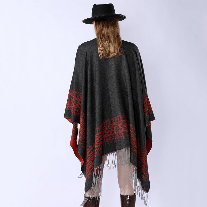 Dam Reversible ullblandning kimono stil Wrap med Ornamental Border och Decorative Fringes
