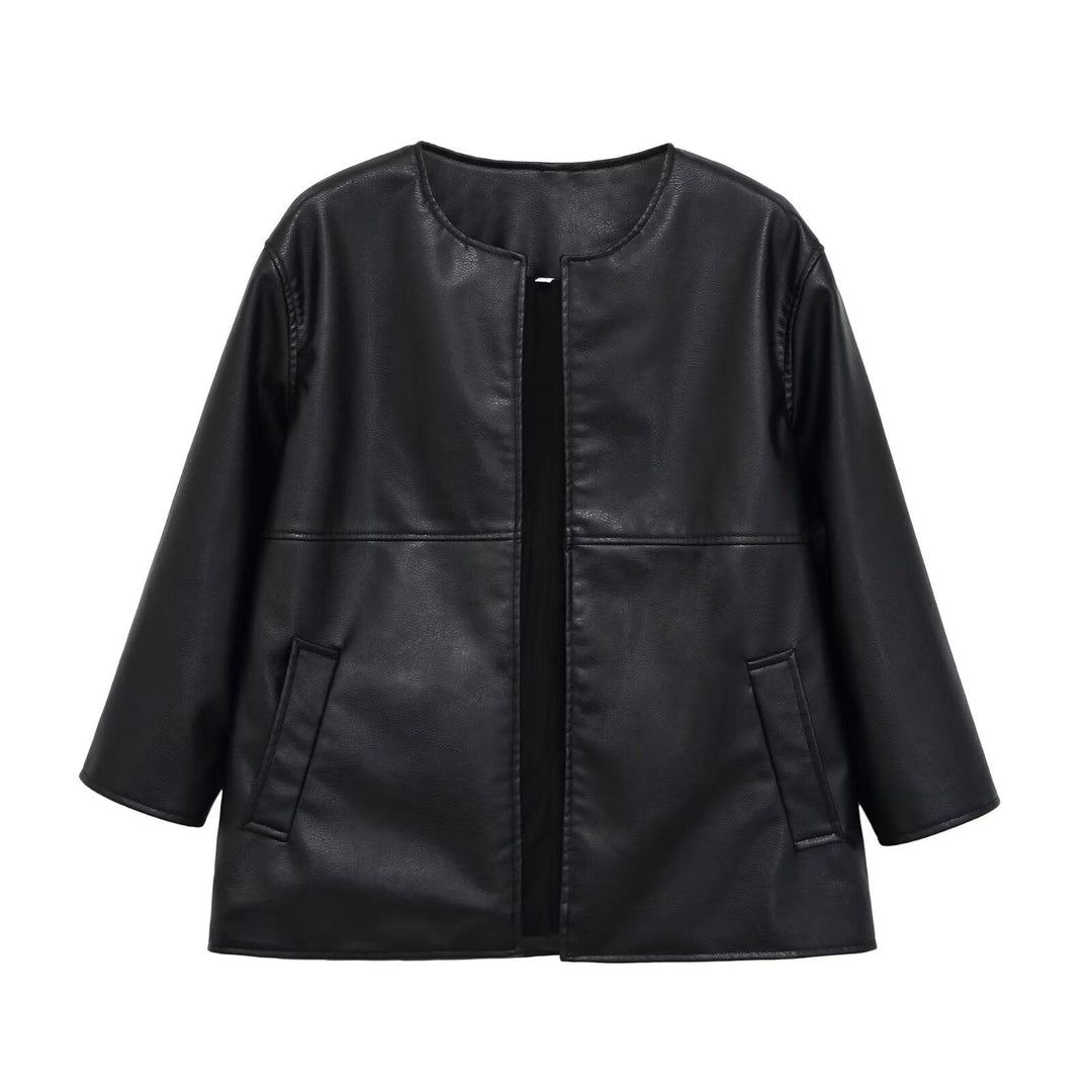 Dam Collarless Oversize Jacka i Konstläder med Round Neckline