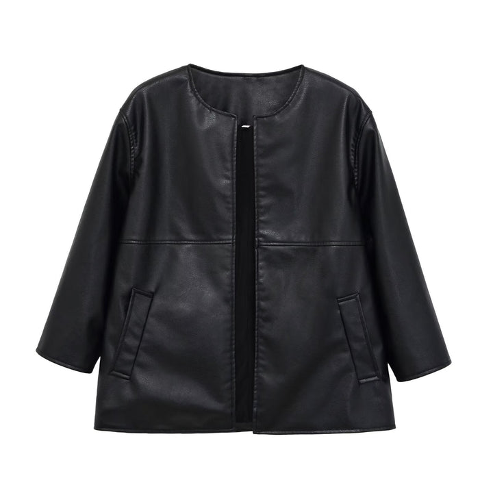 Dam Collarless Oversize Jacka i Konstläder med Round Neckline