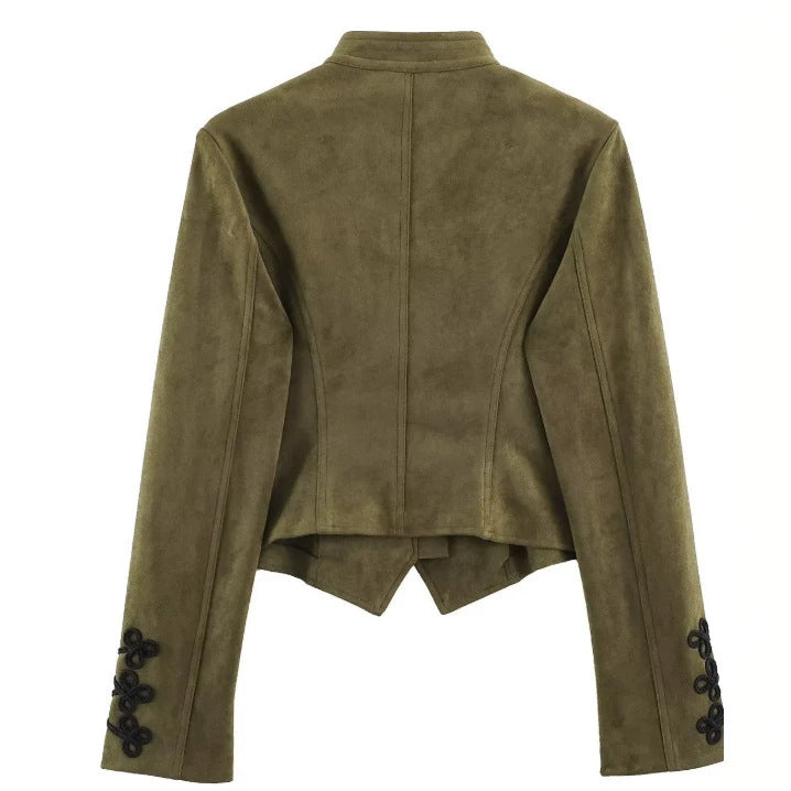 Dam Kort Skärning Suede Jacka i Military Look med Stå Krage och Dekorativ Cord Frog Appliqué
