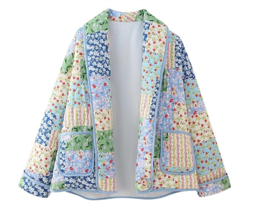 Dam 600+ Quiltad Embroidered Waist Belt Jacka med Blommig Mönster och Stå Krage