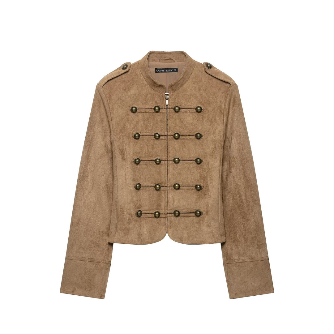 Dam Cavalry Bolero i Suede Look med Dekorativ Knapp Row