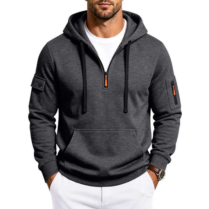Herr Utility Halv Dragkedja med Huva Pullover med Ärm Fickor och Känguruficka