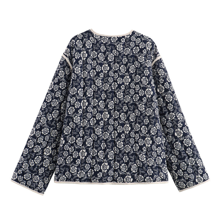 Dam quiltad kimono jacka med floral allover tryck, V-neck, kontrast piping, och påsydda fickor