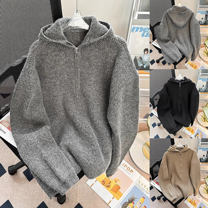Herr Chunky Stickad Pullover med Huva och Dragkedja