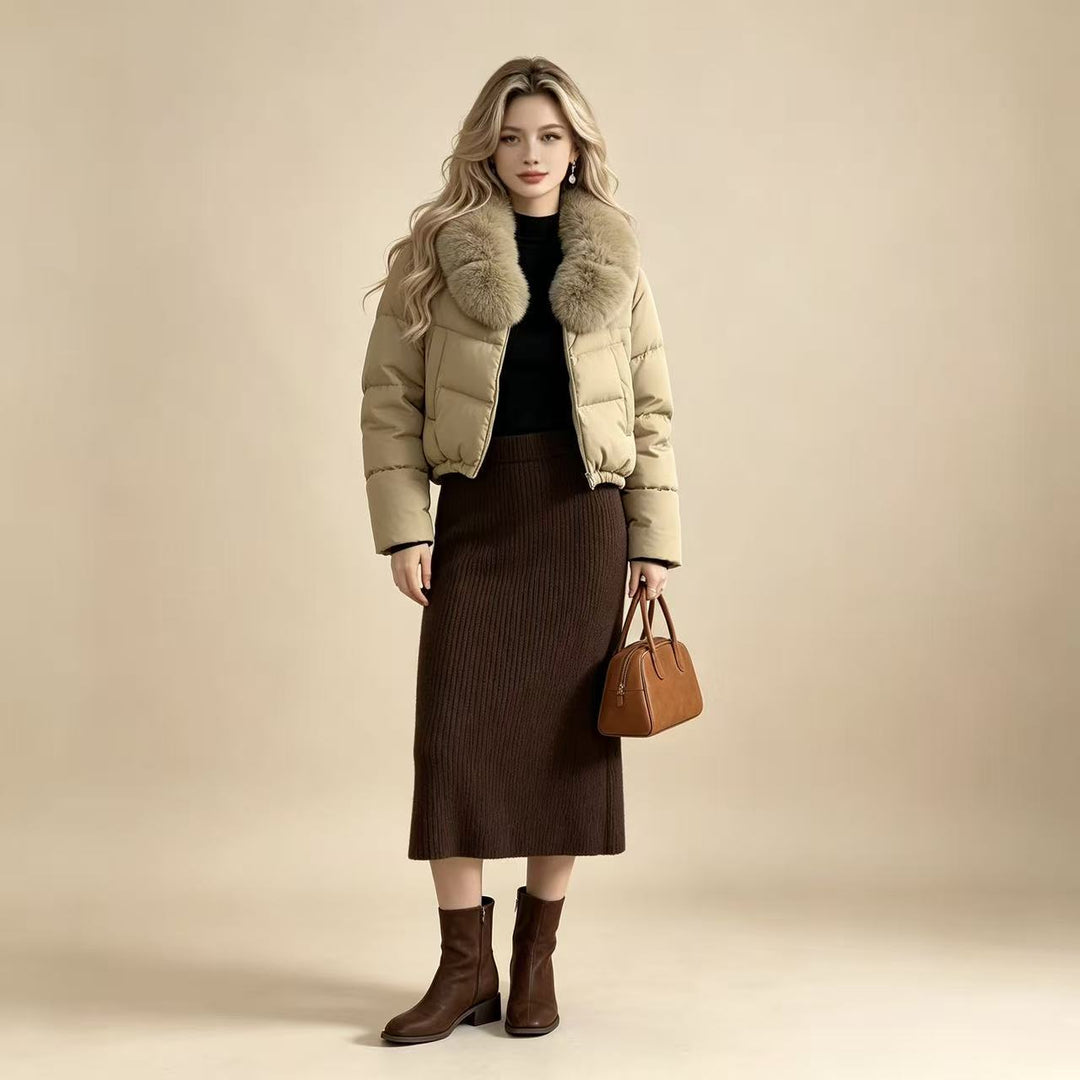 Dam kort kviltad kort pufferjacka med voluminous faux fur krage