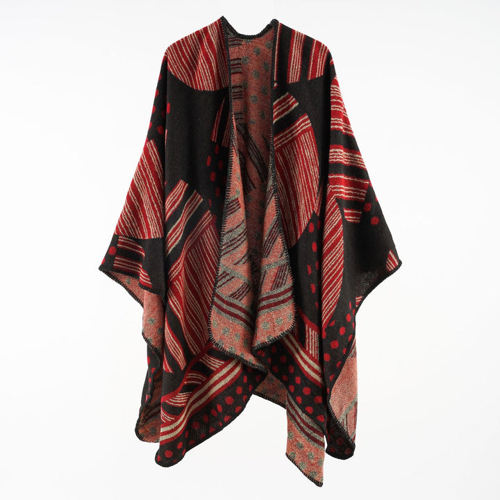 Dam Jacquard Ruana med graphic mönster och overlock edge