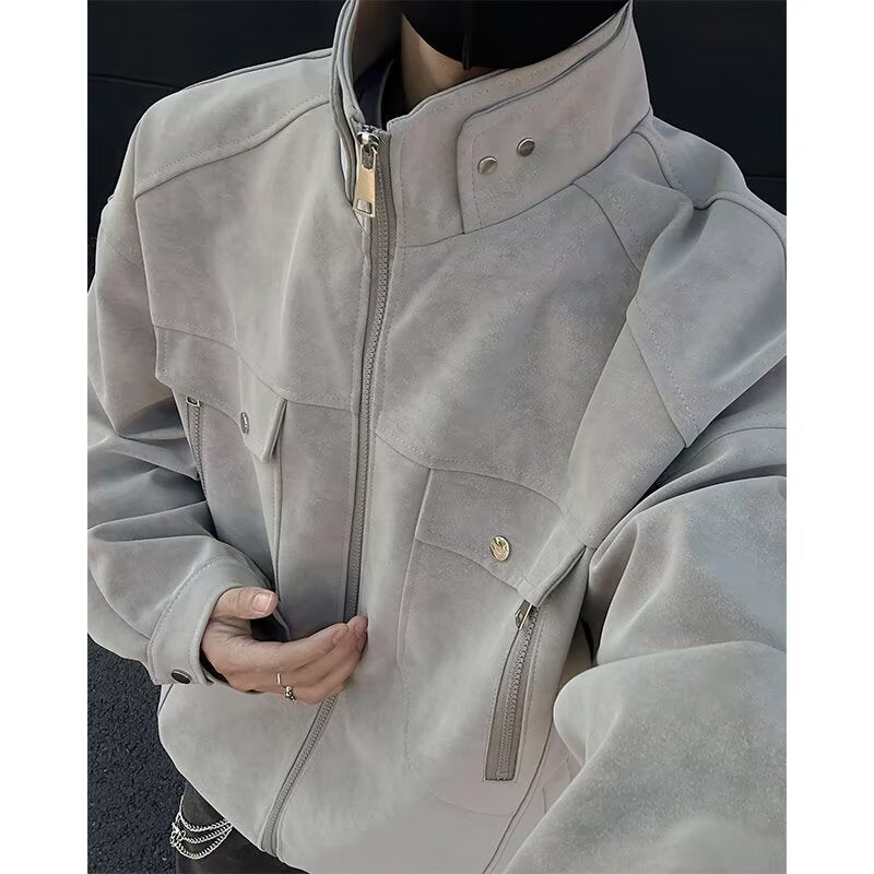 Herr Oversized Suede-Look Utilityjacka med Hög Ståkrage