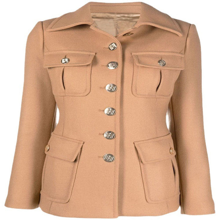 Dam kort military-inspired ullblandning jacka med dekorativ knappar
