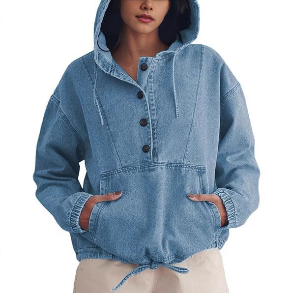 Dam jeans Half jacka med huva, Kangaroo ficka och dragsko