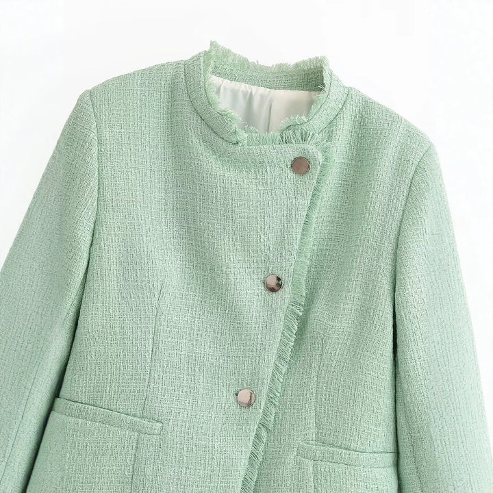 Dam Kort Skärning Bouclé Tweedjacka med Fringe Kant och Round Neckline