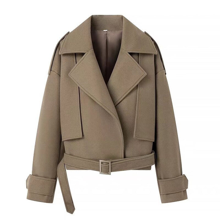 Dam kort ullblandning trenchcoat med bälte, Epaulettes och vid Lapels