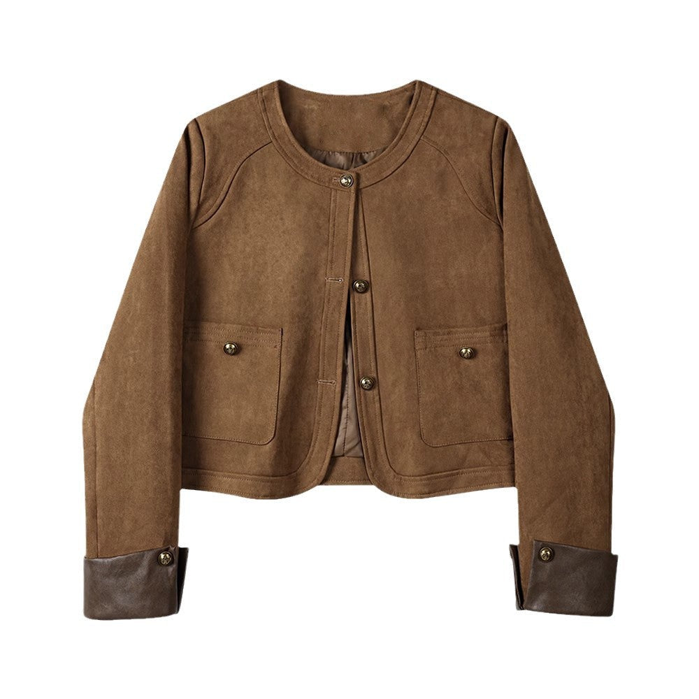 Dam kort jacka gjord mocka läder med round neck, utanpåfickor &amp; turn-up muddar