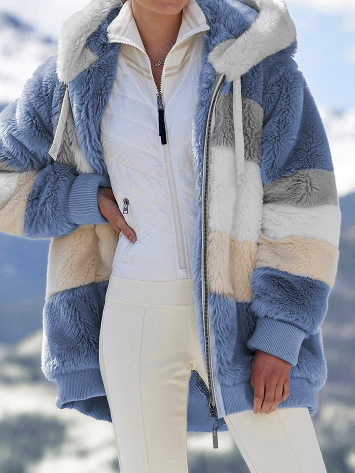 Dam oversized vadderad faux pälsjacka med huva, block stripes och ribbstickade muddar