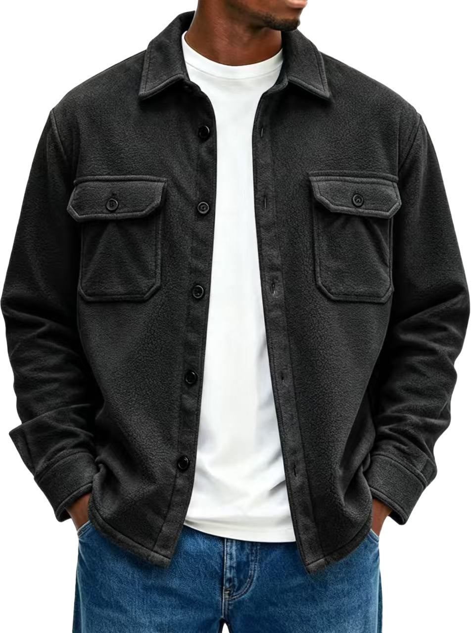Herr fleece overshirt med bröstfickor och skjortkrage