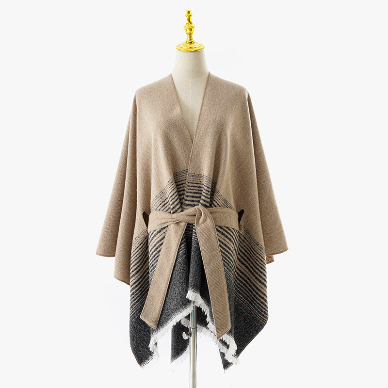 Dam Wrap poncho med Tie bälte, V-Neck och Fringed fåll