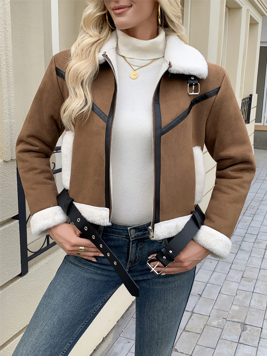 Dam Fashion Teddy pälsjacka med läder detaljer