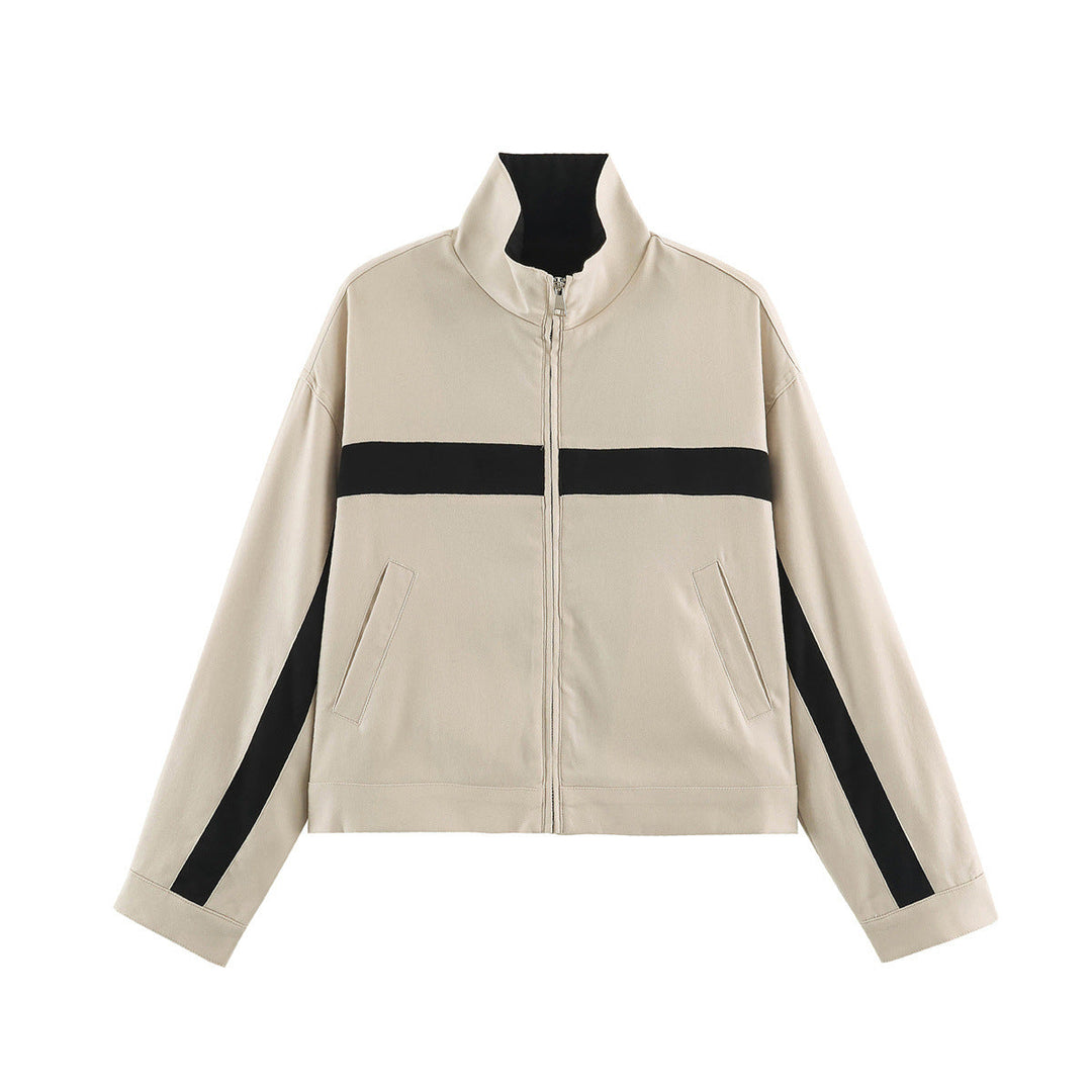 Dam Boxig Kort Övergångsjacka med Stå Krage, Contrast Stripes och Patch Fickor