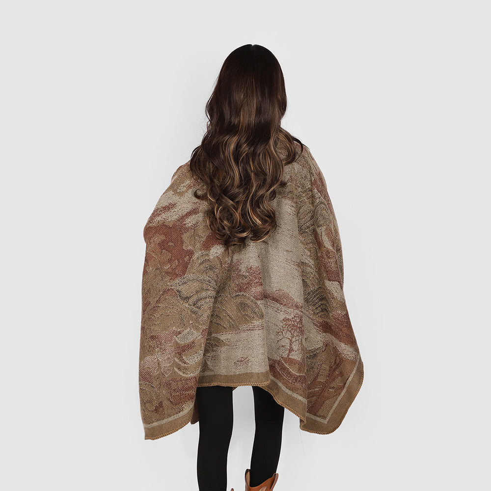 Dam jacquard cape med graphic floral motif och boxy oversized skärning