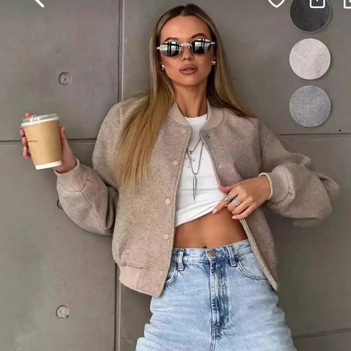 Dam 70+ Kort Ull Blend Blouson Jacka med Dragkedja, Skjort Krage och Lock Fickor