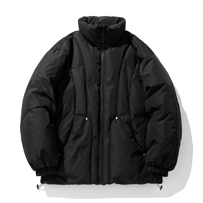 Unisex Boxy pufferjacka med vertical kviltad design, hög ståkrage, och fåll med dragsko