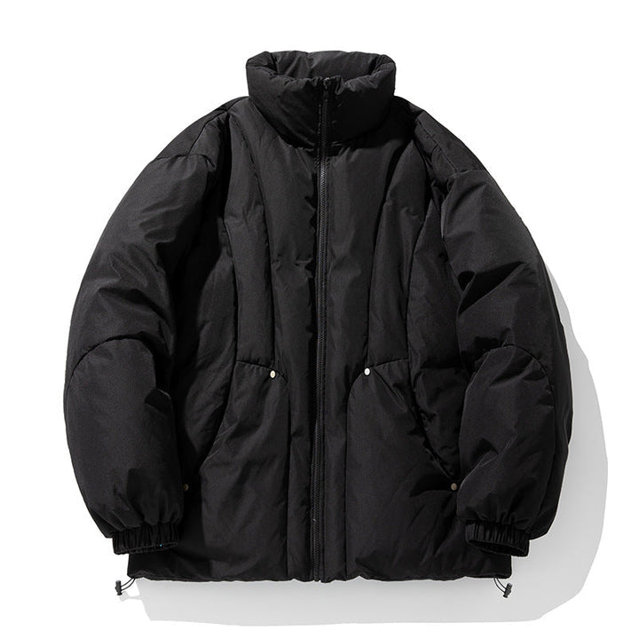Unisex Boxy pufferjacka med vertical kviltad design, hög ståkrage, och fåll med dragsko
