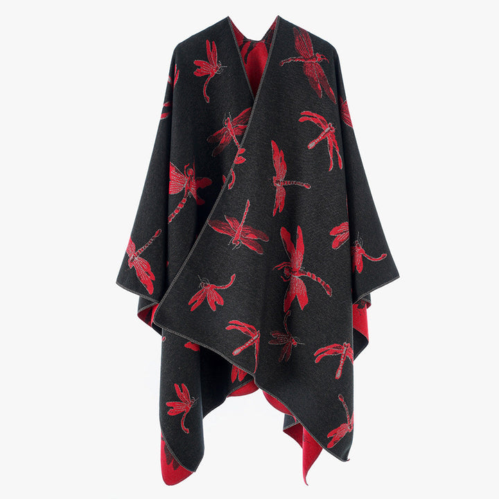 Dam Reversible Jacquard poncho med Dragonfly mönster