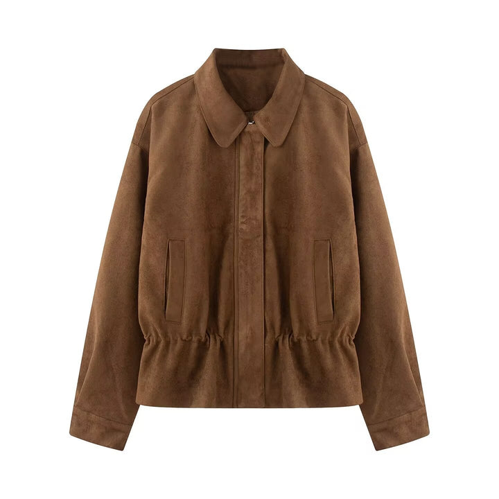Dam Boxig Blouson Jacka Tillverkad av Suede-Like Material med Tailoring Tunnel och Dold Front