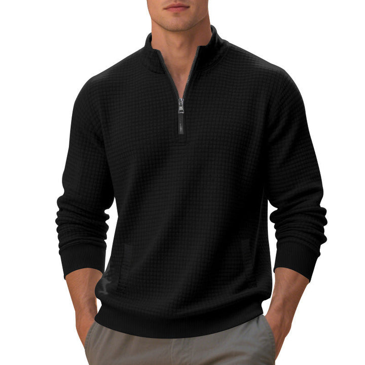 Herr Waffle Stickad Halv Dragkedja Pullover med Ståkrage, Känguruficka &amp; Ribbad Finishes