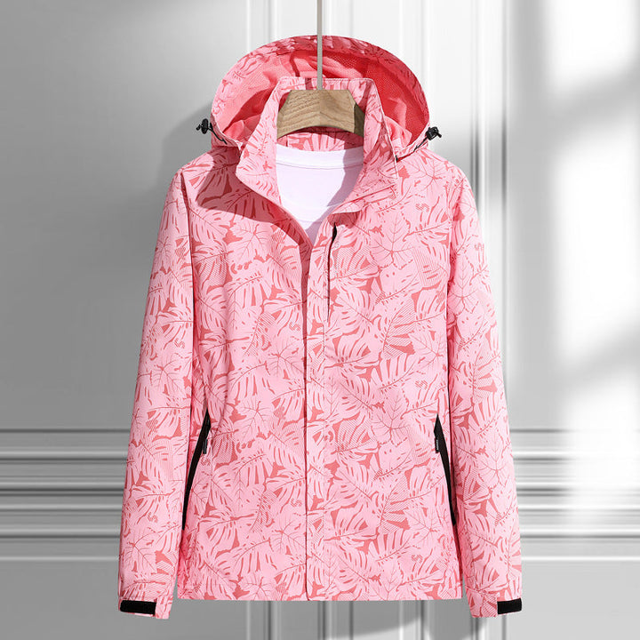 Dam lätt packable regn och wind jacka med huva, leaf mönster och concealed zippers