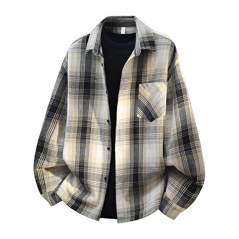 Herr Oversized Rutig Flannel Skjortjacka med Breast Ficka och Rundad Fåll