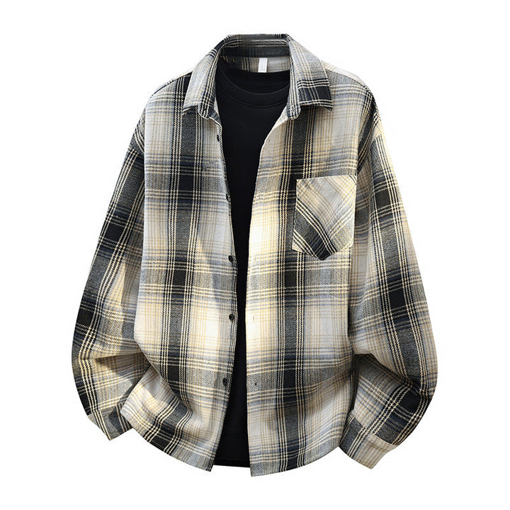 Herr Oversized Rutig Flannel Skjortjacka med Breast Ficka och Rundad Fåll
