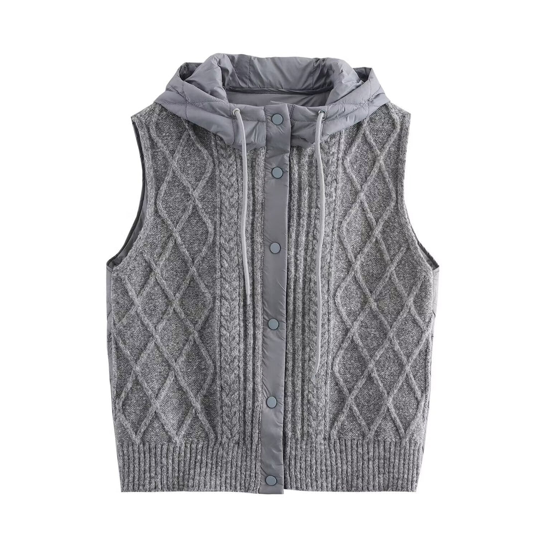 Dam Sleeveless Stickad Väst med Quiltad Huva och Tryckknapp Knapp Knäppning