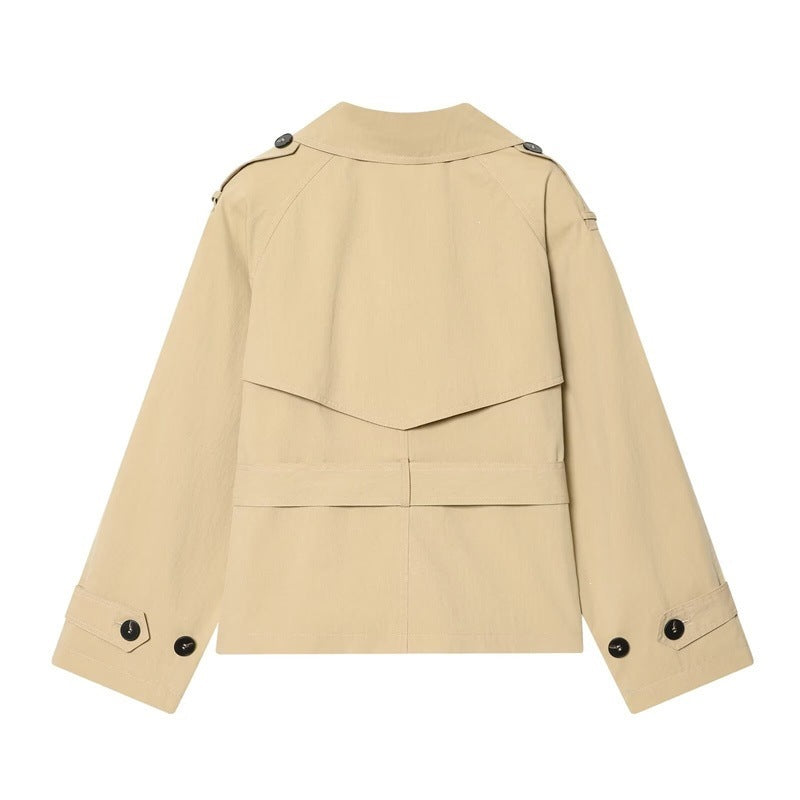 Dam kort double-breasted trench blazer med knytband och epaulettes