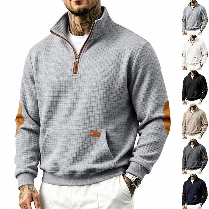 Herr Quiltad Structure Pullover med Halv Dragkedja, Elbow Lappar, och Känguruficka