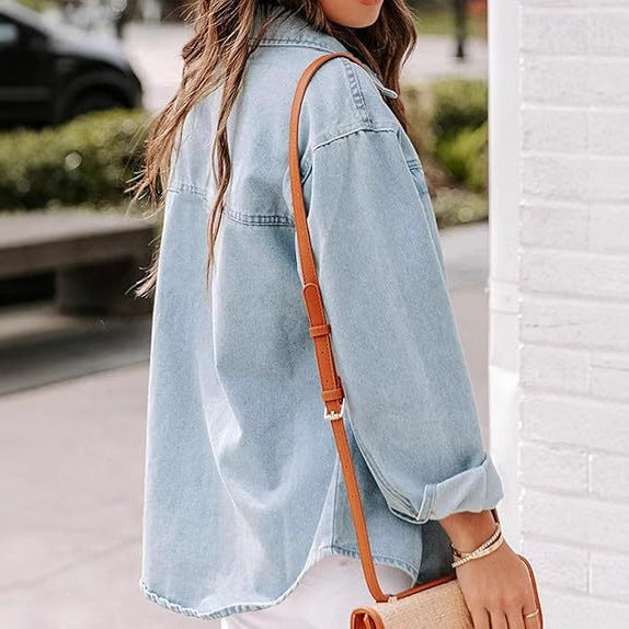 Dam oversize denim skjortjacka med Patch bröstfickor och avslappnad skärning