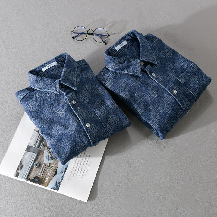 Herr Indigo-Structure Overshirt Tillverkad av Washed Denim med Zigzag Jacquard, Kent Krage och Bröstficka
