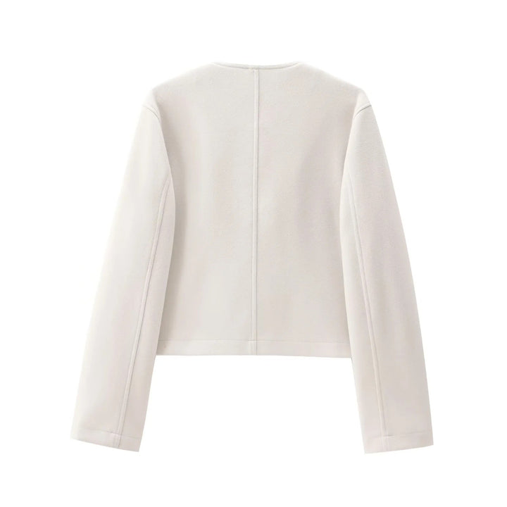 Dam kort skärning overshirt jacka med rund hals, snap knäppning och påsydda fickor