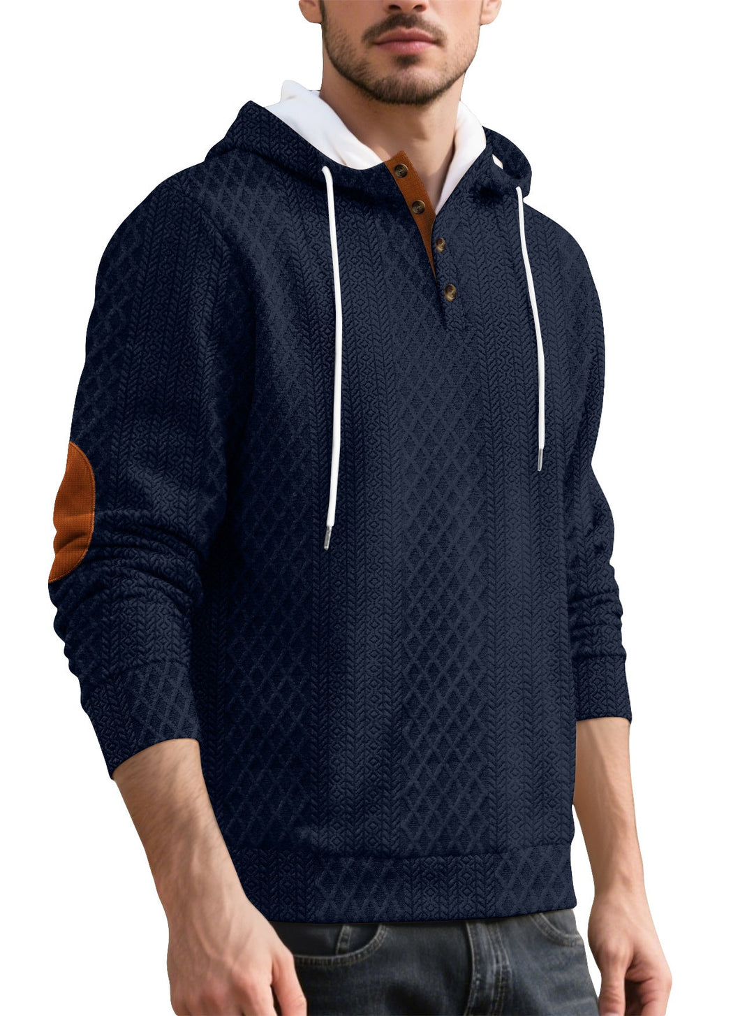 Herr Nan Diamond Structure Luvtröja med Kort Knapplist, Quiltad Huva Inner Edge, och Mocka Elbow Lapp