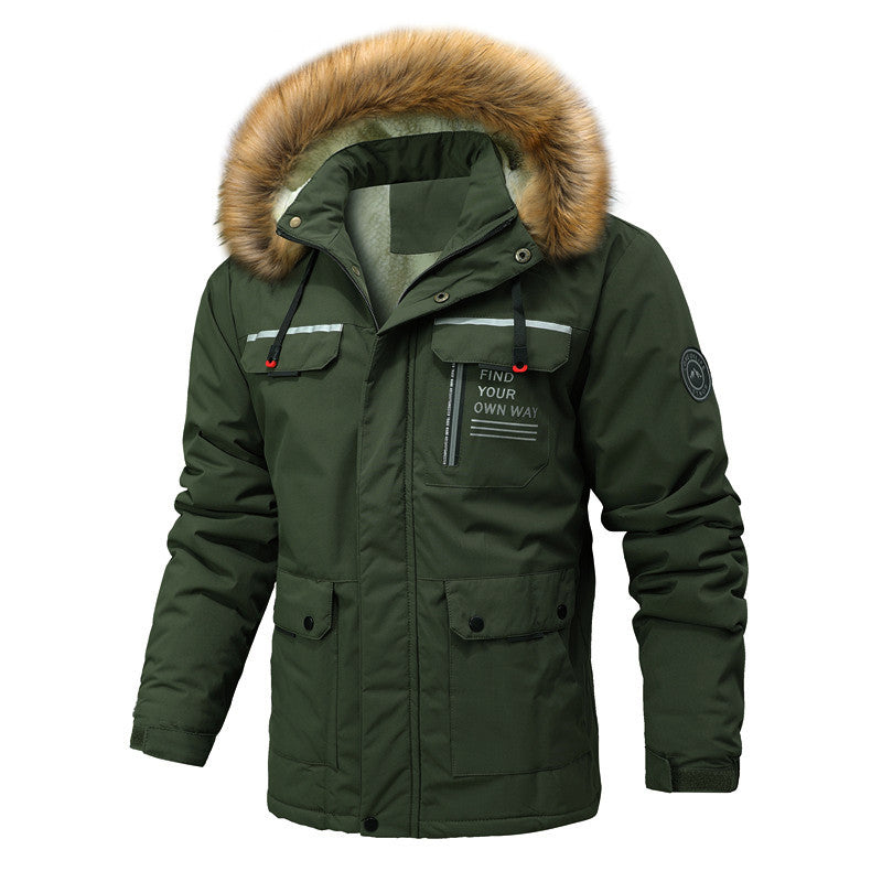 Herr Thermo Parkas i Expedition Stil med Avtagbar Imitation Päls Huva och Multifunktionell Fickor