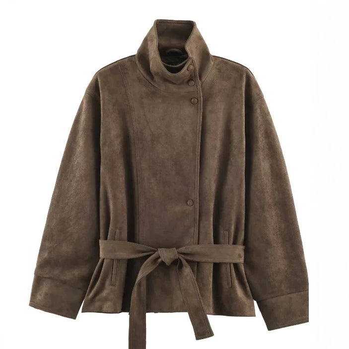 Dam Suede Look Jacka med Hög Stå Krage och Waist Belt