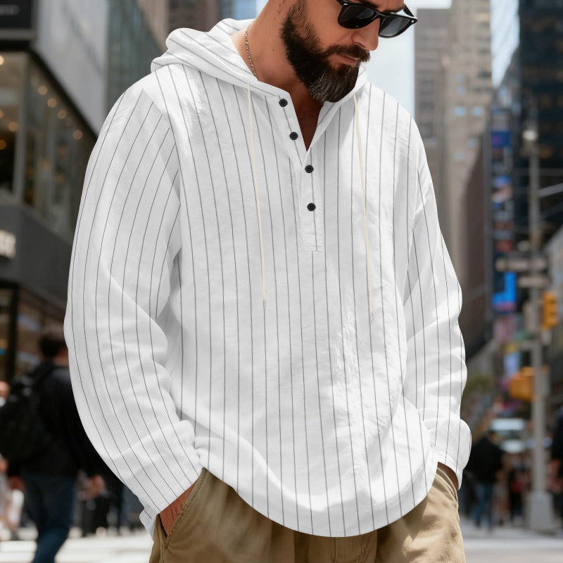 Herr Lätt Luvtröja Henley Skjorta med Fin Pinstripes
