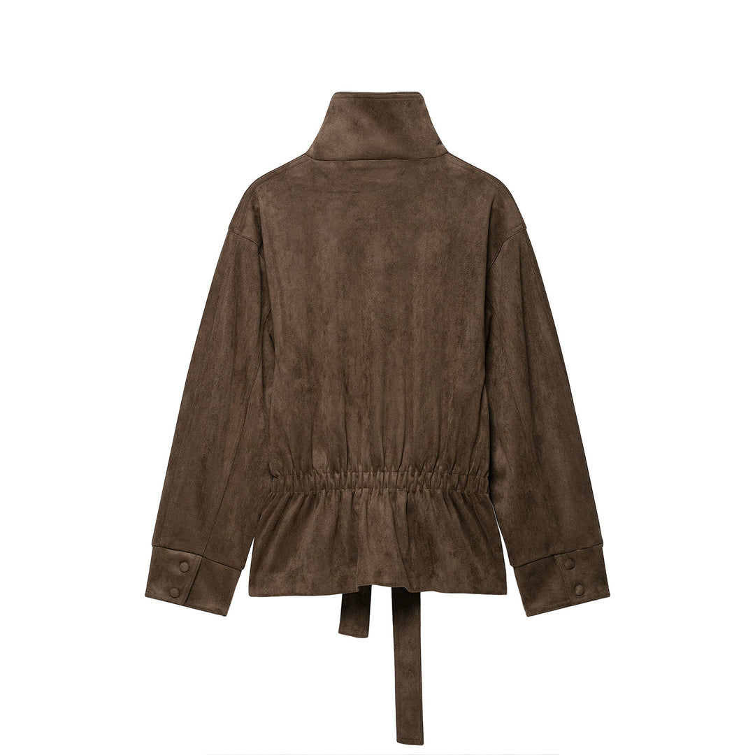 Dam Kort Suede Utilityjacka med Hög Stå Krage och Tie Belt