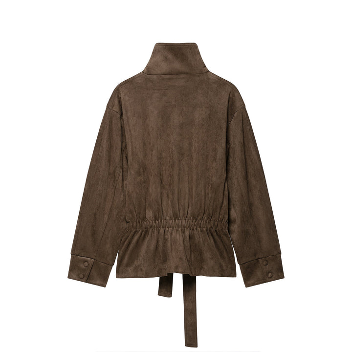 Dam Kort Suede Utilityjacka med Hög Stå Krage och Tie Belt